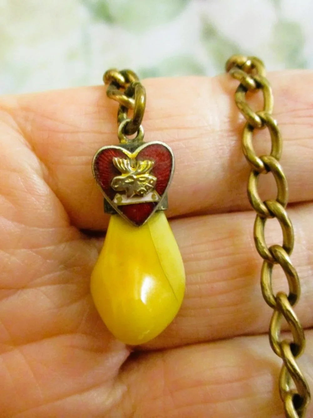 Vintage LOOM Tooth Watch Fob Chain, Guilloche Enamel Heart, Gold Filled